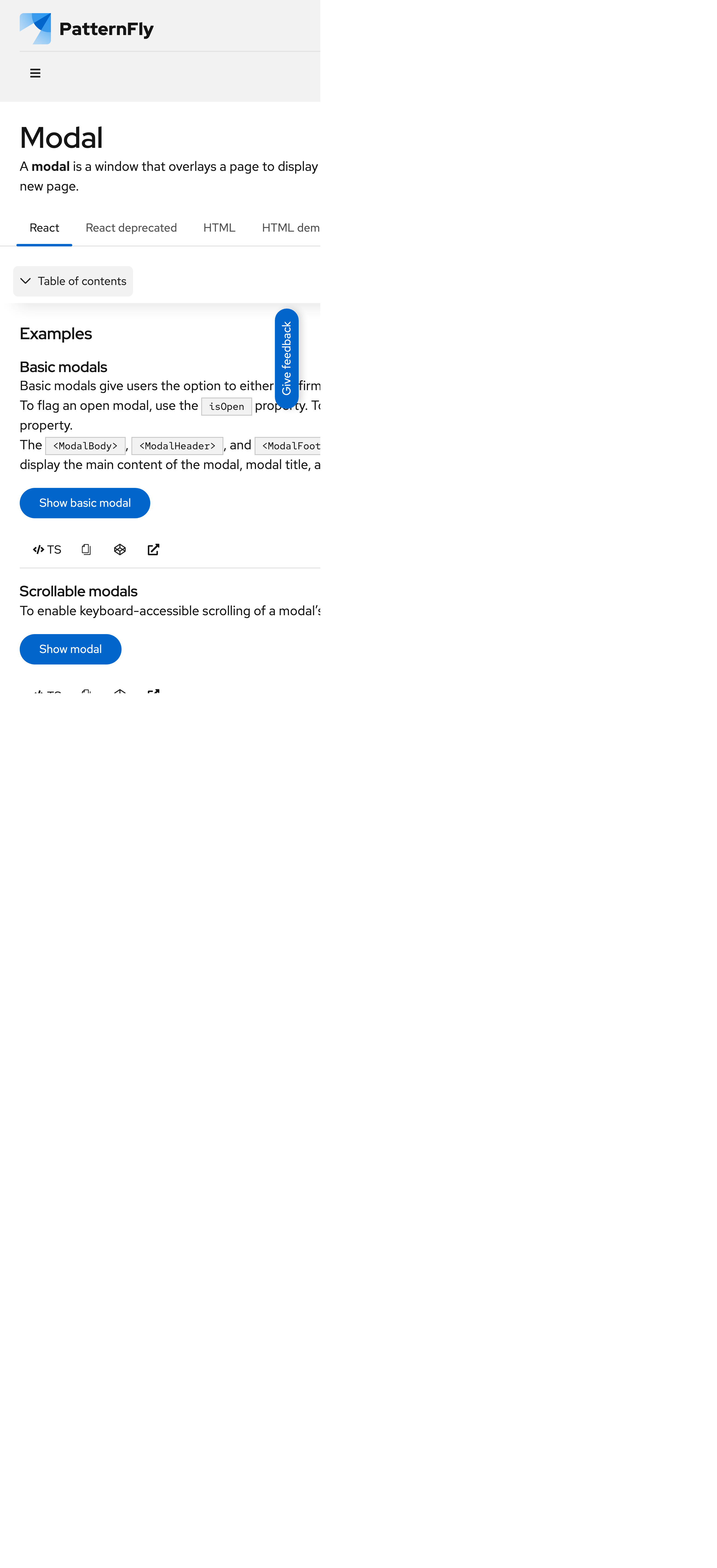 PatternFly Modal 组件文档移动版