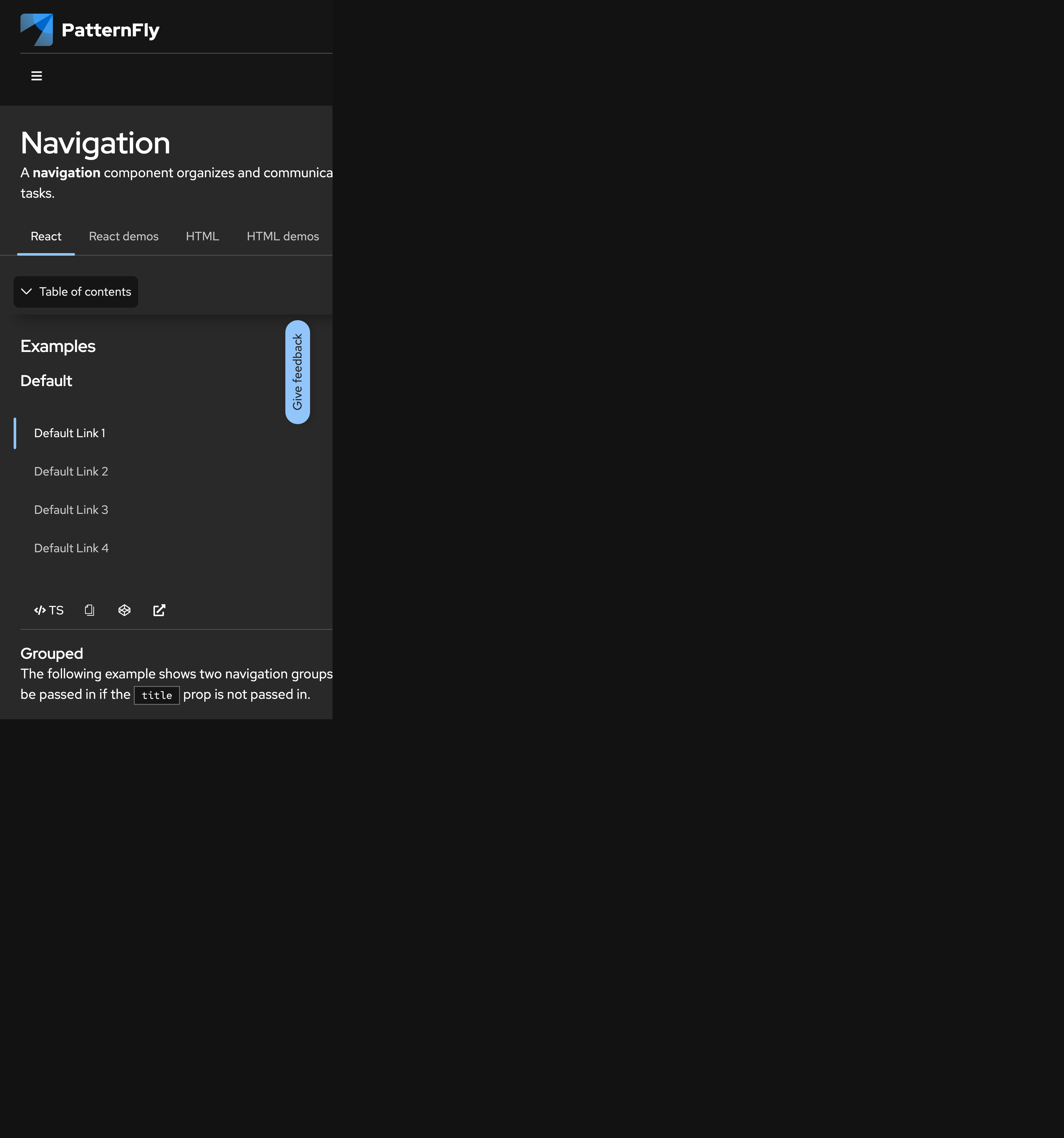 PatternFly Navigation 组件文档移动暗色版