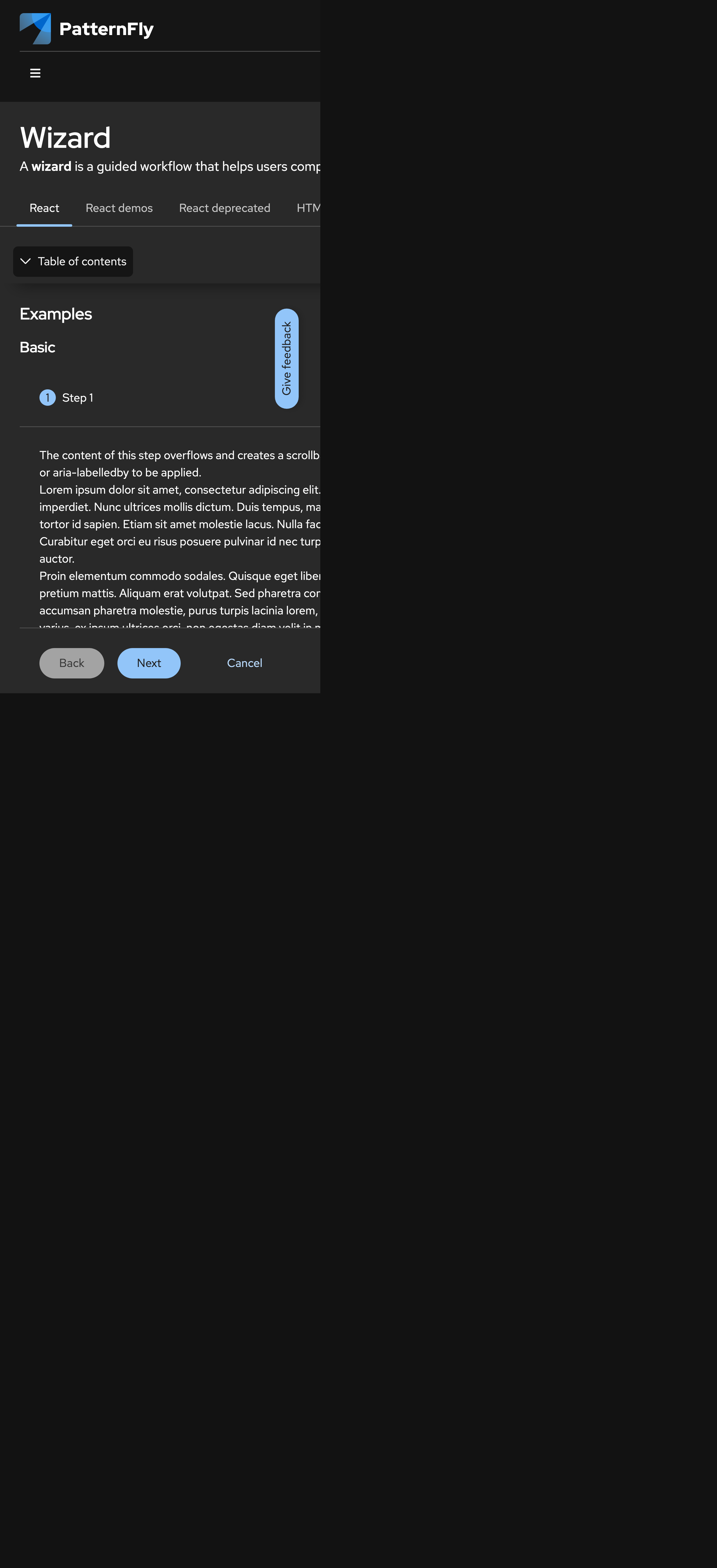 PatternFly Wizard 组件文档移动暗色版