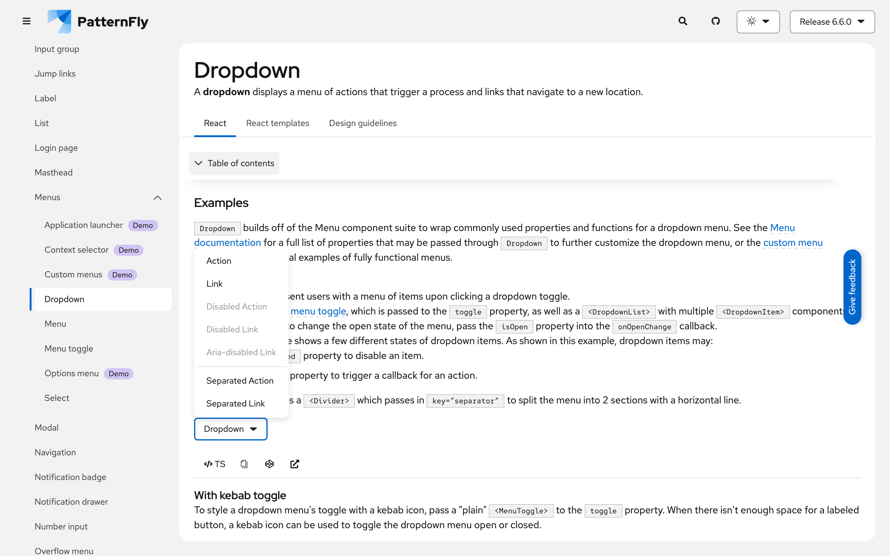 文档内 Dropdown 示例菜单展开态